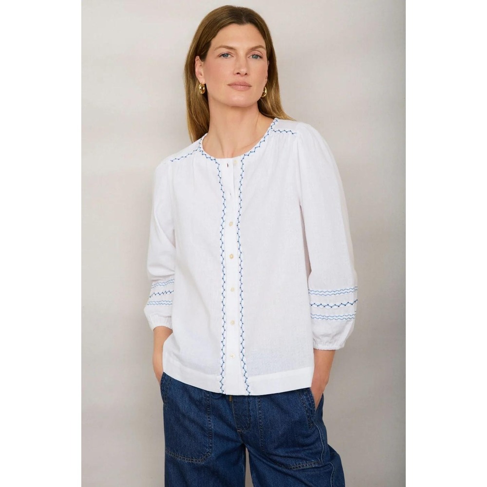 Wyse London Georgina Blouse White Blue Embroidered Cotton Linen Puff Sleeve Top